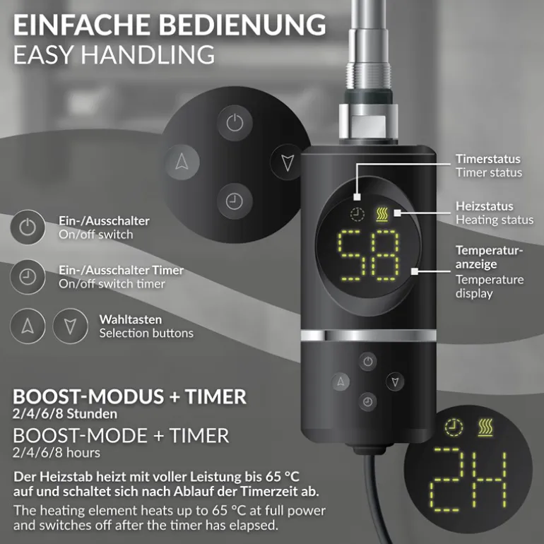 Heizstab 900W Schwarz mit Thermostat und LCD Bildschirm LuxeBath