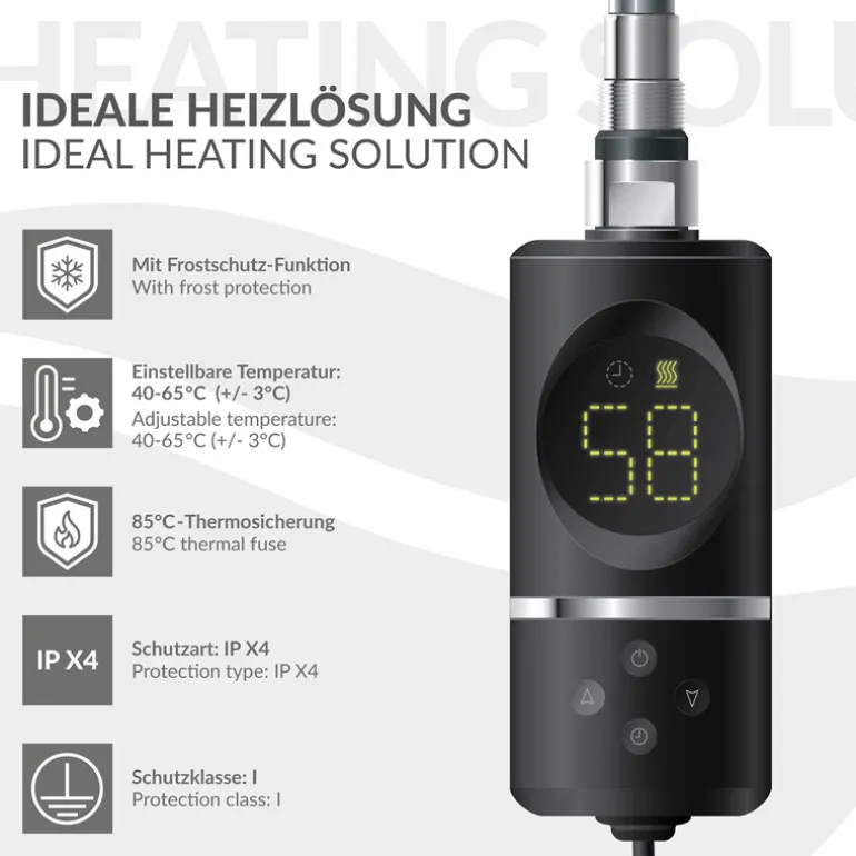 Heizstab 900W Schwarz mit Thermostat und LCD Bildschirm LuxeBath