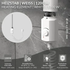 Heizstab 1200W Weiß mit Thermostat für Badheizkörper LuxeBath