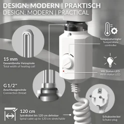 Heizstab 1200W Weiß mit Thermostat für Badheizkörper LuxeBath