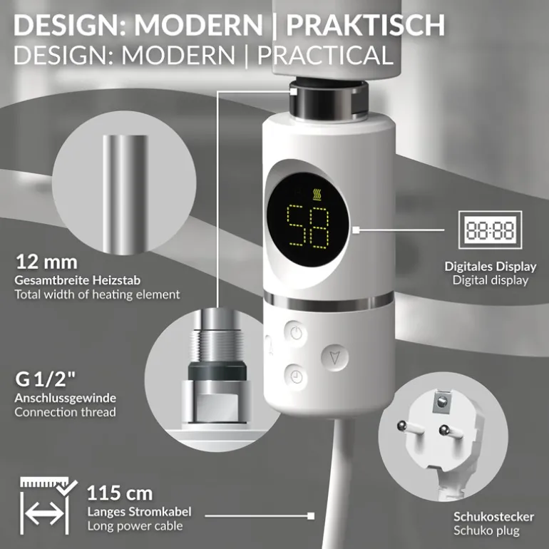 Heizstab 1200W Weiß mit Thermostat und LCD Bildschirm LuxeBath