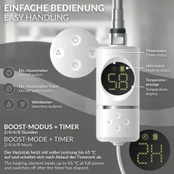 Heizstab 1200W Weiß mit Thermostat und LCD Bildschirm LuxeBath