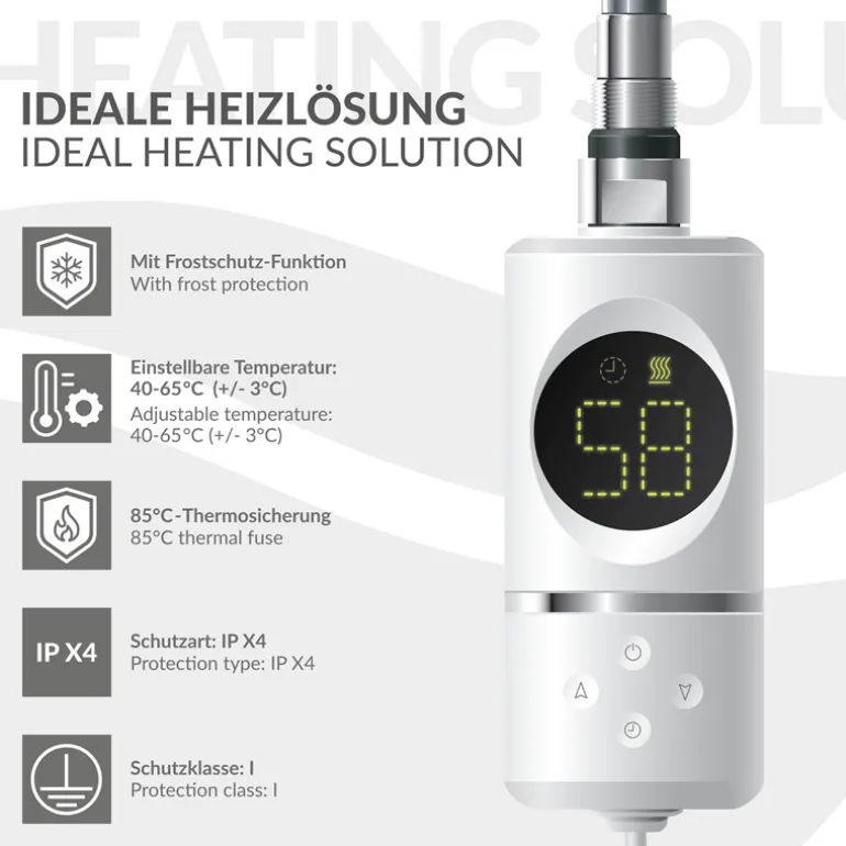 Heizstab 1200W Weiß mit Thermostat und LCD Bildschirm LuxeBath