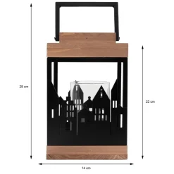 Holzlaterne für Teelichter, Kerzen mit Stadtskyline und Henkel aus Holz und Metall