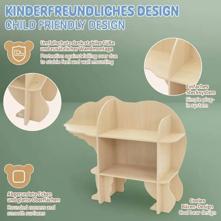 Kinder Bücherregal Bär-Design Natur mit offenen Regalen Joyz