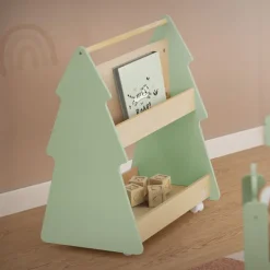 Kinder Bücherregal Tanne-Design Grün/Natur mit Ablagen und Rollen Joyz