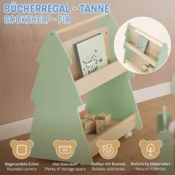 Kinder Bücherregal Tanne-Design Grün/Natur mit Ablagen und Rollen Joyz