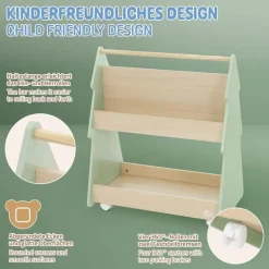 Kinder Bücherregal Tanne-Design Grün/Natur mit Ablagen und Rollen Joyz