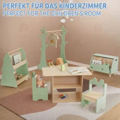 Kinder Bücherregal Tanne-Design Grün/Natur mit Ablagen und Rollen Joyz