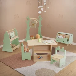 Kinder Bücherregal Tanne-Design Grün/Natur mit Ablagen und Rollen Joyz