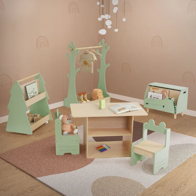 Kinder Bücherregal Tanne-Design Grün/Natur mit Ablagen und Rollen Joyz