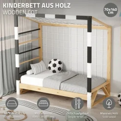Kinderbett Fußballtor 70x140 cm aus Kiefernholz mit Matratze H:10cm Handballtor mit Lattenrost Kletterleiter & Tornetz ML-Design