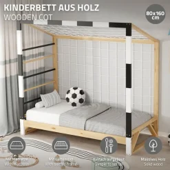 Kinderbett Fußballtor 80x160 cm aus Kiefernholz mit Matratze H:10cm Handballtor mit Lattenrost Kletterleiter & Tornetz ML-Design