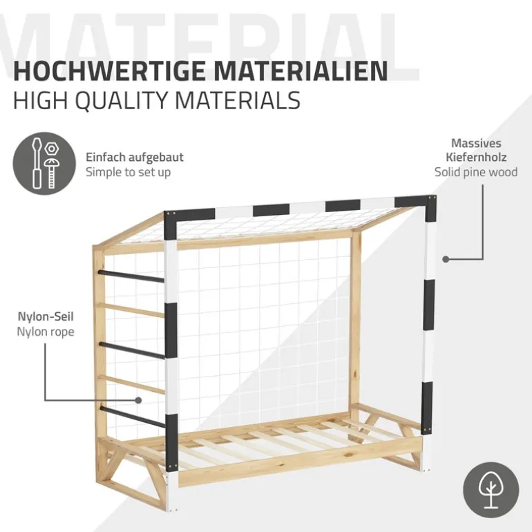 Kinderbett Fußballtor 80x160 cm aus Kiefernholz mit Matratze H:10cm Handballtor mit Lattenrost Kletterleiter & Tornetz ML-Design