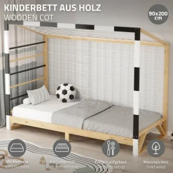 Kinderbett Fußballtor 90x200 cm aus Kiefernholz mit Matratze H:10cm Handballtor mit Lattenrost Kletterleiter & Tornetz ML-Design