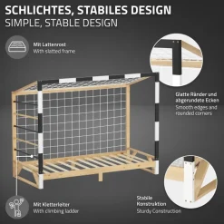 Kinderbett Fußballtor 90x200 cm aus Kiefernholz mit Matratze H:10cm Handballtor mit Lattenrost Kletterleiter & Tornetz ML-Design