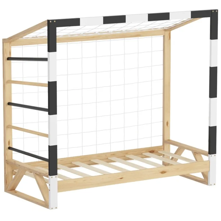 Kinderbett Fußballtor 70x140 cm Holzbett mit Lattenrost Kletterleiter & Tornetz Handballtor aus Kiefernholz ML-Design