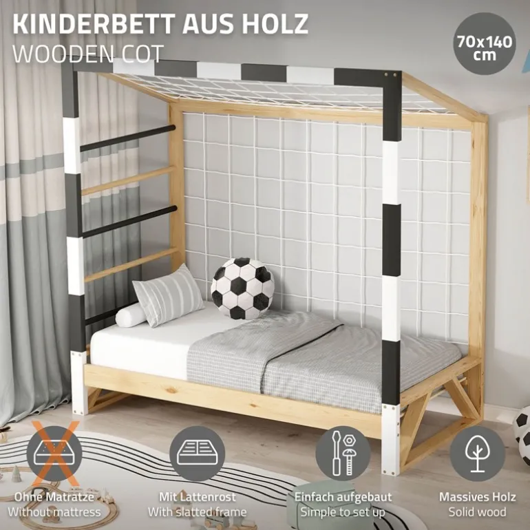 Kinderbett Fußballtor 70x140 cm Holzbett mit Lattenrost Kletterleiter & Tornetz Handballtor aus Kiefernholz ML-Design