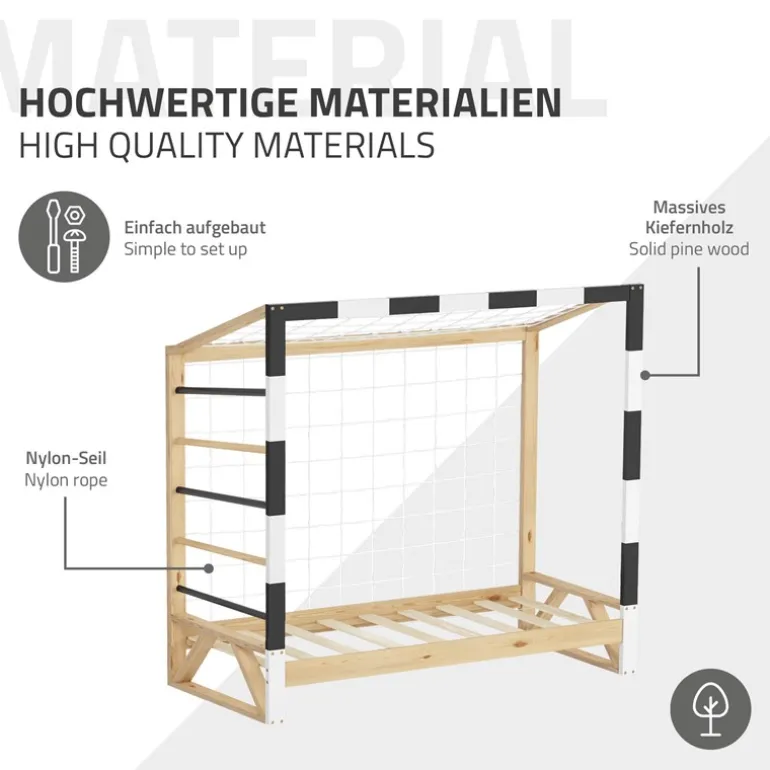 Kinderbett Fußballtor 70x140 cm Holzbett mit Lattenrost Kletterleiter & Tornetz Handballtor aus Kiefernholz ML-Design