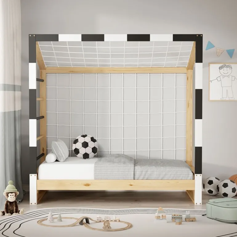 Kinderbett Fußballtor 70x140 cm Holzbett mit Lattenrost Kletterleiter & Tornetz Handballtor aus Kiefernholz ML-Design