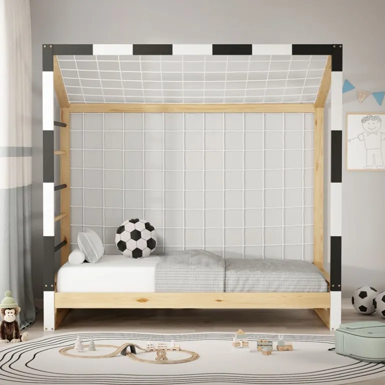 Kinderbett Fußballtor 80x160 cm Holzbett mit Lattenrost Kletterleiter & Tornetz Handballtor aus Kiefernholz ML-Design