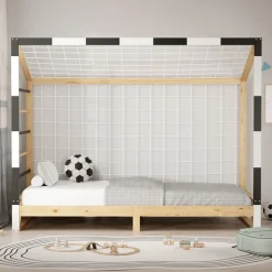 Kinderbett Fußballtor 90x200 cm Holzbett mit Lattenrost Kletterleiter & Tornetz Handballtor aus Kiefernholz ML-Design