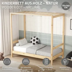 Kinderbett Fußballtor 70x140 cm Natur aus Kiefernholz mit Matratze H-10cm Handballtor mit Lattenrost & Tornetz ML-Design