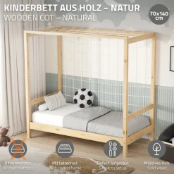Kinderbett Fußballtor 70x140 cm Natur Einzelbett für Kinder Holzbett mit Lattenrost & Tornetz Handballtor ML-Design