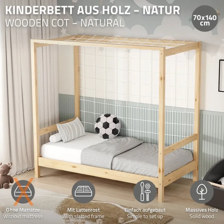 Kinderbett Fußballtor 70x140 cm Natur Einzelbett für Kinder Holzbett mit Lattenrost & Tornetz Handballtor ML-Design
