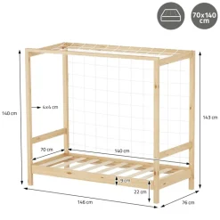 Kinderbett Fußballtor 70x140 cm Natur Einzelbett für Kinder Holzbett mit Lattenrost & Tornetz Handballtor ML-Design