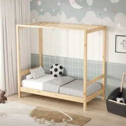 Kinderbett Fußballtor 70x140 cm Natur Einzelbett für Kinder Holzbett mit Lattenrost & Tornetz Handballtor ML-Design