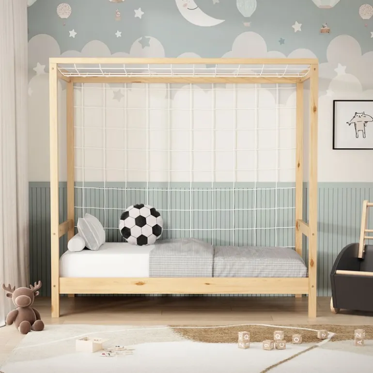 Kinderbett Fußballtor 70x140 cm Natur Einzelbett für Kinder Holzbett mit Lattenrost & Tornetz Handballtor ML-Design