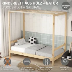 Kinderbett Fußballtor 80x160 cm Natur Einzelbett für Kinder Holzbett mit Lattenrost & Tornetz Handballtor ML-Design