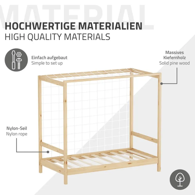 Kinderbett Fußballtor 80x160 cm Natur Einzelbett für Kinder Holzbett mit Lattenrost & Tornetz Handballtor ML-Design