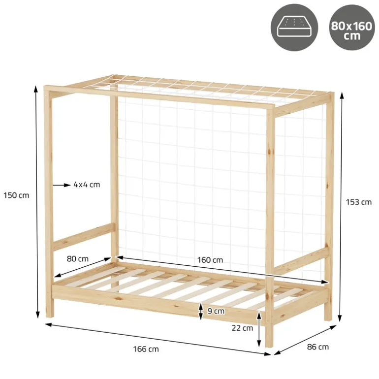 Kinderbett Fußballtor 80x160 cm Natur Einzelbett für Kinder Holzbett mit Lattenrost & Tornetz Handballtor ML-Design