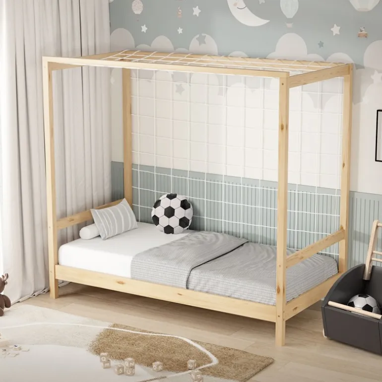 Kinderbett Fußballtor 80x160 cm Natur Einzelbett für Kinder Holzbett mit Lattenrost & Tornetz Handballtor ML-Design