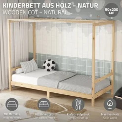 Kinderbett Fußballtor 90x200 cm Natur aus Kiefernholz mit Matratze H-10cm Handballtor mit Lattenrost & Tornetz ML-Design