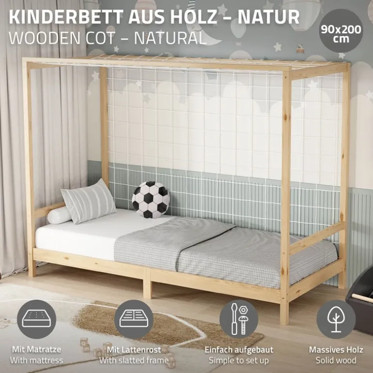 Kinderbett Fußballtor 90x200 cm Natur aus Kiefernholz mit Matratze H-10cm Handballtor mit Lattenrost & Tornetz ML-Design