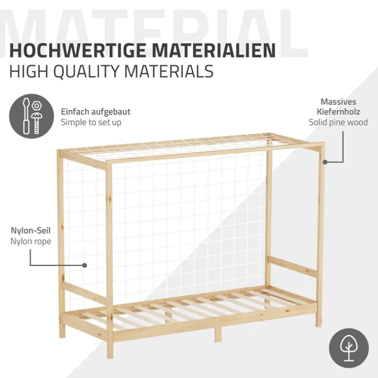 Kinderbett Fußballtor 90x200 cm Natur aus Kiefernholz mit Matratze H-10cm Handballtor mit Lattenrost & Tornetz ML-Design