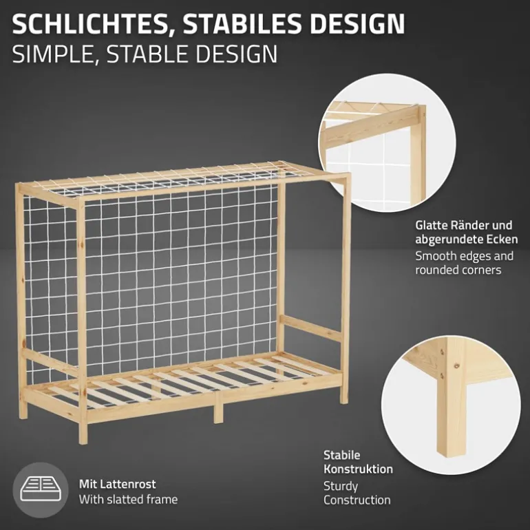 Kinderbett Fußballtor 90x200 cm Natur aus Kiefernholz mit Matratze H-16cm Handballtor mit Lattenrost & Tornetz ML-Design