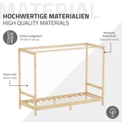 Kinderbett Fußballtor 90x200 cm Natur aus Kiefernholz mit Matratze H-16cm Handballtor mit Lattenrost & Tornetz ML-Design