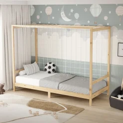 Kinderbett Fußballtor 90x200 cm Natur Einzelbett für Kinder Holzbett mit Lattenrost & Tornetz Handballtor ML-Design
