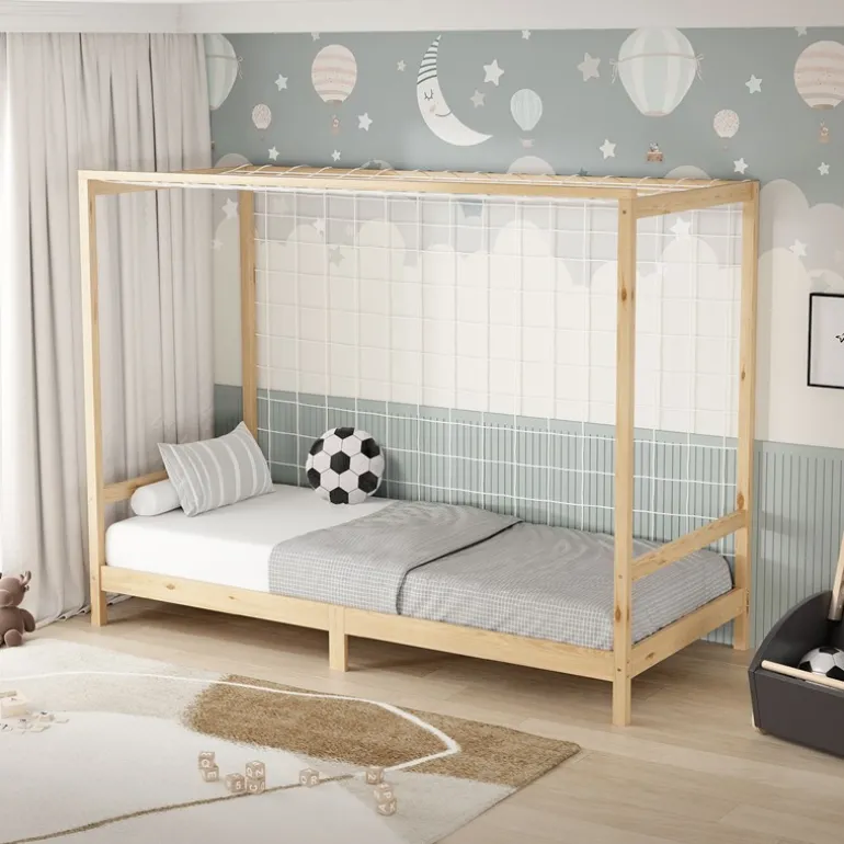 Kinderbett Fußballtor 90x200 cm Natur Einzelbett für Kinder Holzbett mit Lattenrost & Tornetz Handballtor ML-Design