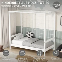 Kinderbett Fußballtor 70x140 cm Weiß aus Kiefernholz mit Matratze H-10cm Handballtor mit Lattenrost & Tornetz ML-Design