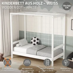 Kinderbett Fußballtor 70x140 cm Weiß Einzelbett für Kinder Holzbett mit Lattenrost & Tornetz Handballtor ML-Design