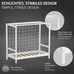 Kinderbett Fußballtor 70x140 cm Weiß Einzelbett für Kinder Holzbett mit Lattenrost & Tornetz Handballtor ML-Design