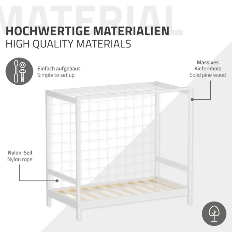 Kinderbett Fußballtor 80x160 cm Weiß aus Kiefernholz mit Matratze H-10cm Handballtor mit Lattenrost & Tornetz ML-Design