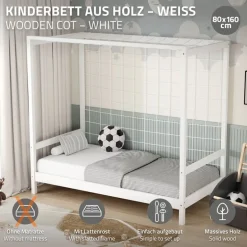 Kinderbett Fußballtor 80x160 cm Weiß Einzelbett für Kinder Holzbett mit Lattenrost & Tornetz Handballtor ML-Design