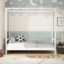 Kinderbett Fußballtor 80x160 cm Weiß Einzelbett für Kinder Holzbett mit Lattenrost & Tornetz Handballtor ML-Design