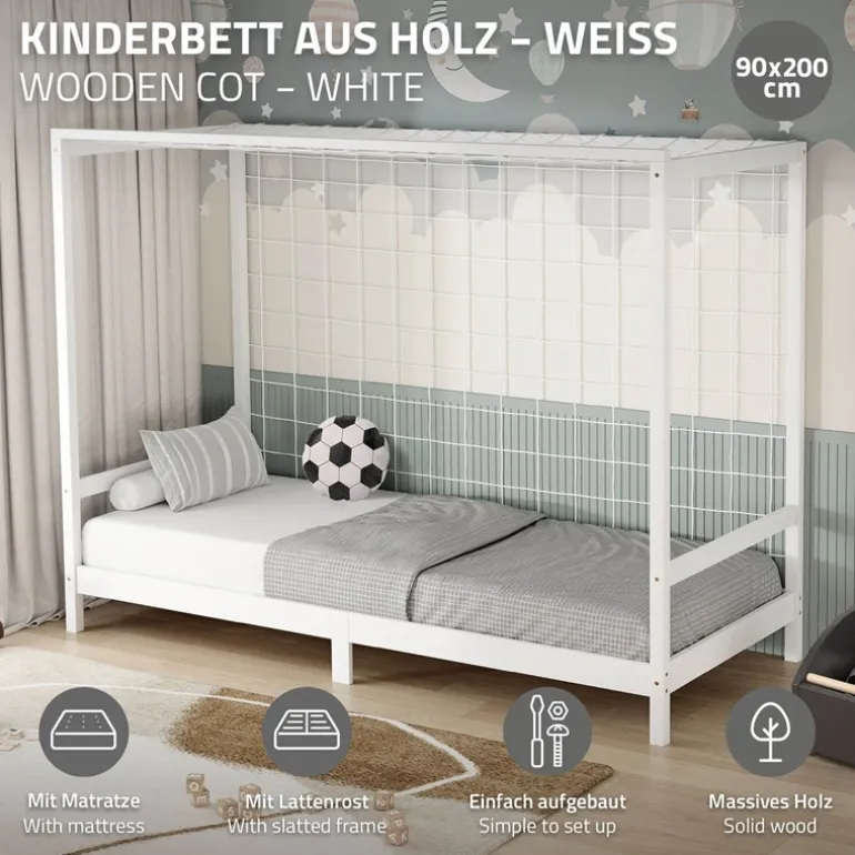 Kinderbett Fußballtor 90x200 cm Weiß aus Kiefernholz mit Matratze H-10cm Handballtor mit Lattenrost & Tornetz ML-Design
